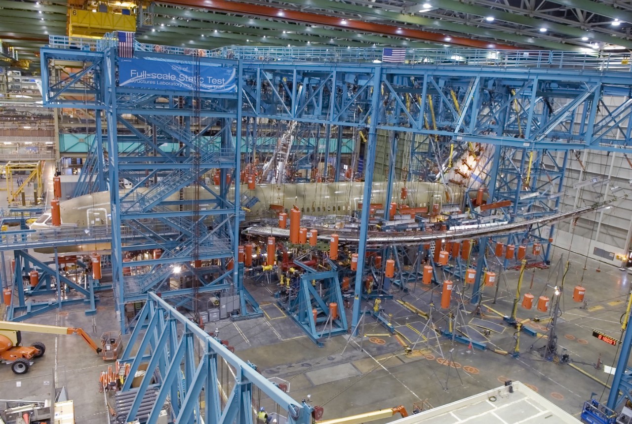 The Boeing 787 Dreamliner static test airplane is shown loaded into a sophisticated testing fixture, subjecting the airframe to extreme loads. Engineers analyzed the results to ensure the first 787 was ready for flight test. The data gathered was also used by the Federal Aviation Administration in certifying the airplane.