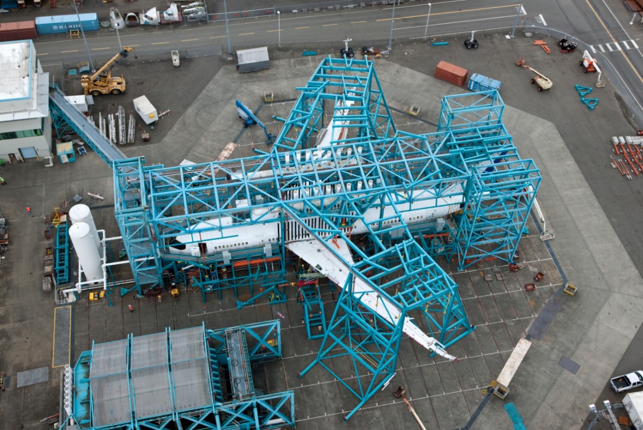The 787 Dreamliner fatigue test airframe sits in its test rig in Everett. Unlike static tests, in which loads are applied to the airplane structure to simulate both normal and extreme flight conditions, fatigue testing is a much longer process that simulated more than three times the number of flight cycles an airplane is likely to experience during a lifetime of service.