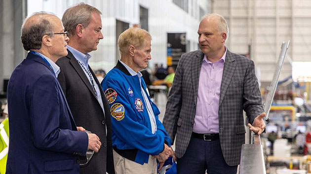   NASA Administrator Bill Nelson (center) tours the 737 factory with (from left) Todd Citron, chief technology officer; Mike Sinnett, vice president and general manager, Commercial Product Development; and Ed Clark, vice president and general manager, 737 program. (Michael Holly photo)
