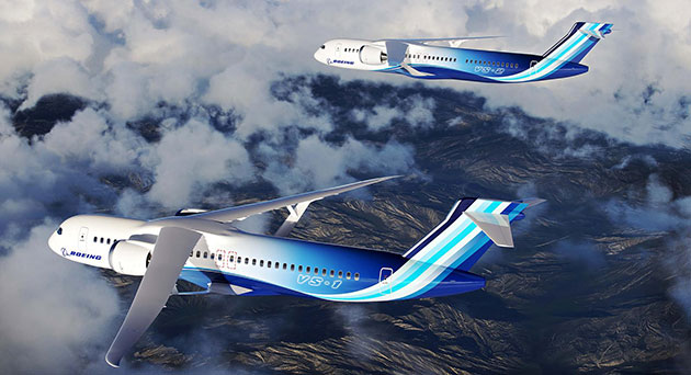   The transonic truss-braced wing design, when combined with other advancements in propulsion systems, materials, and systems architecture, could achieve up to a 30% reduction in fuel consumption and emissions. (Boeing image)