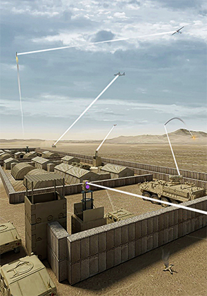 Render showing lasers directling and targeting airplanes and missiles