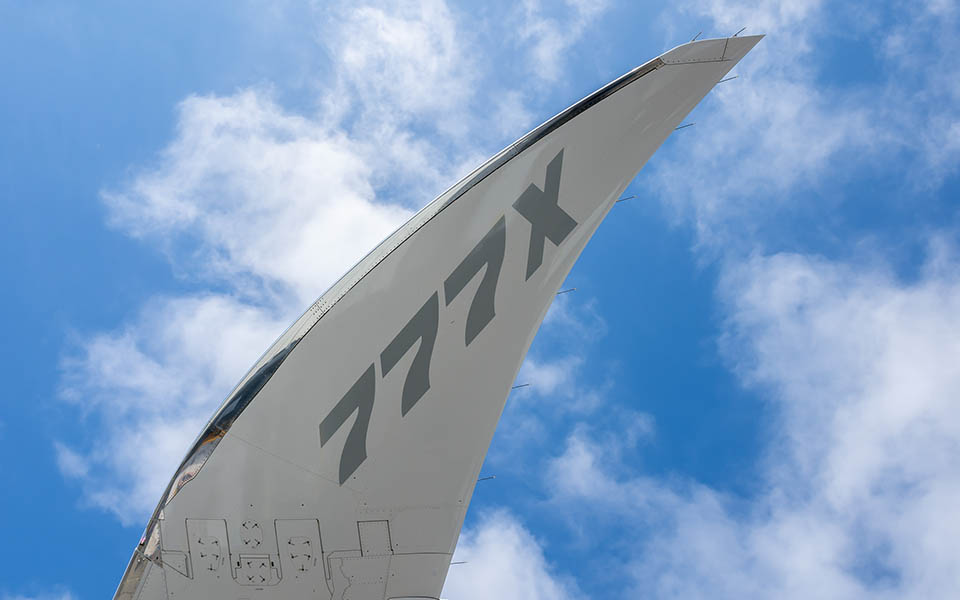 Folded wing of the 777X when on the ground