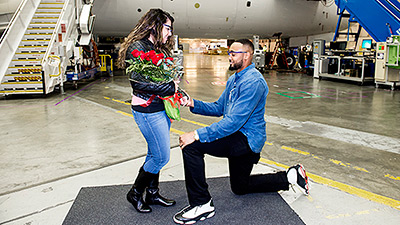 Seattle Seahawks linebacker pops the question during tour of Everett factory
