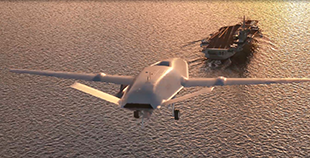 Picture of MQ-25 over water landing on a carrier.