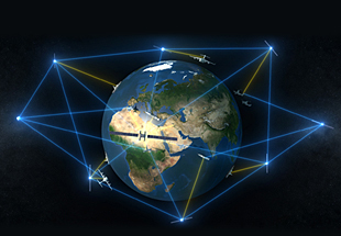 C G eye render of Earth with orbiting satellites, connecting with each other.