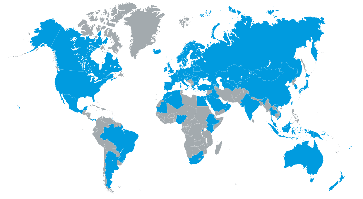 World map highlighting participating countries for 737 validation