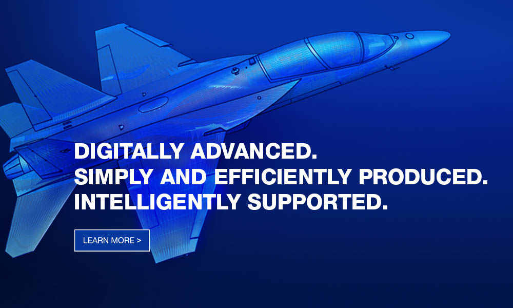 Rendering of a fighter jet on a blue background with call out text for Digital Acceleration