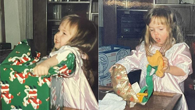 A young Katelynn opens presents on Christmas morning in 1992 that were donated by Boeing employees.