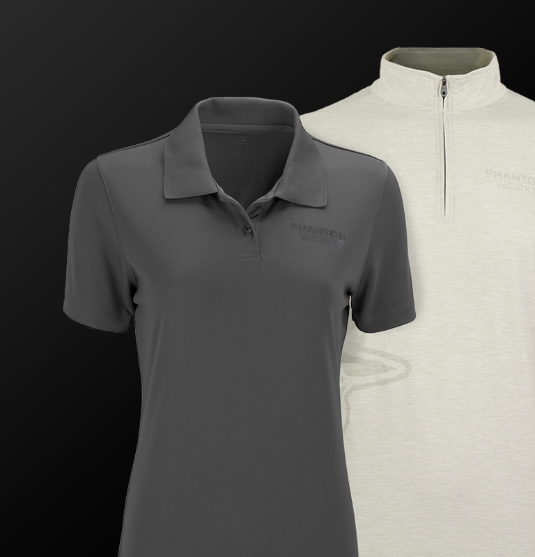 Phantom Works quarter zip shirt in various colors on a white background