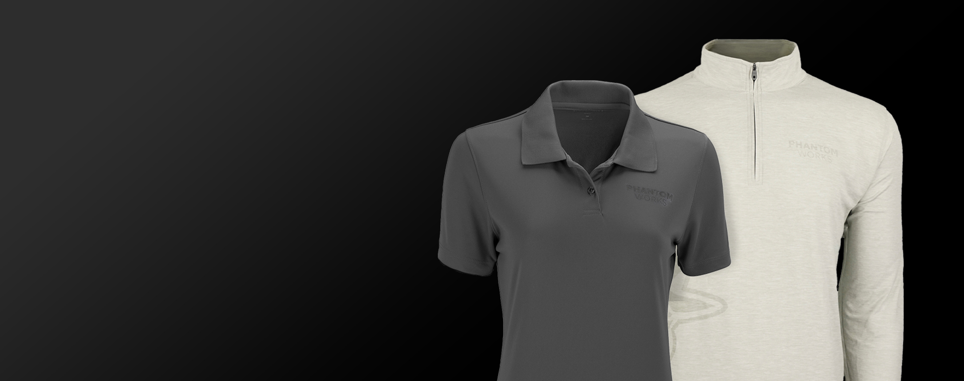 Phantom Works quarter zip shirt in various colors on a white background