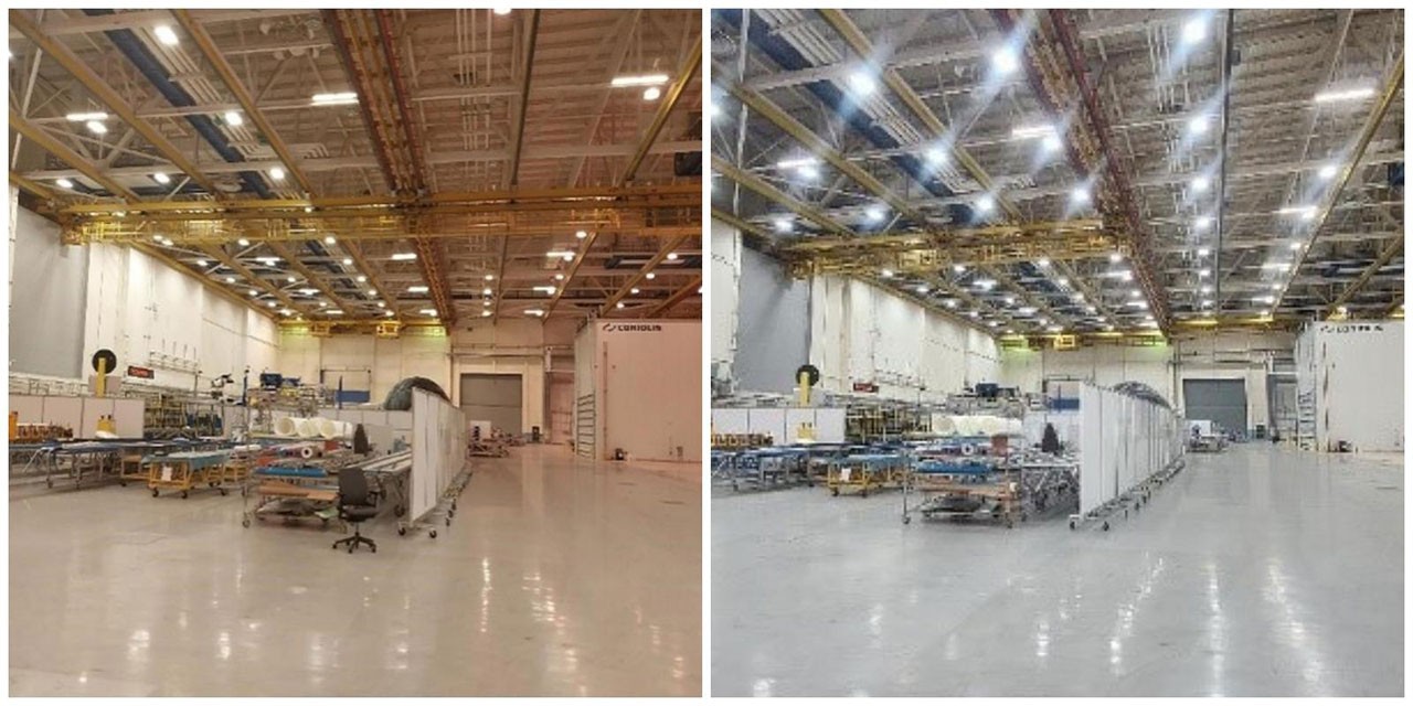 A before-and-after view of the lighting upgrade at the Developmental Center in Tukwila. This efficiency improvement was conducted under an Energy Performance Contract and is helping the site reduce energy use by 14% from a 2019 baseline, the biggest rebate in the local utility’s history.