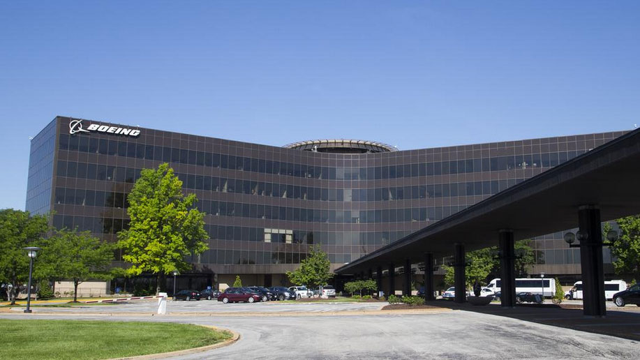 A photo of Boeing’s main office building, with the Boeing logo on the top left side of the building. This is part of Boeing Defense, Space & Security’s headquarters in St. Louis