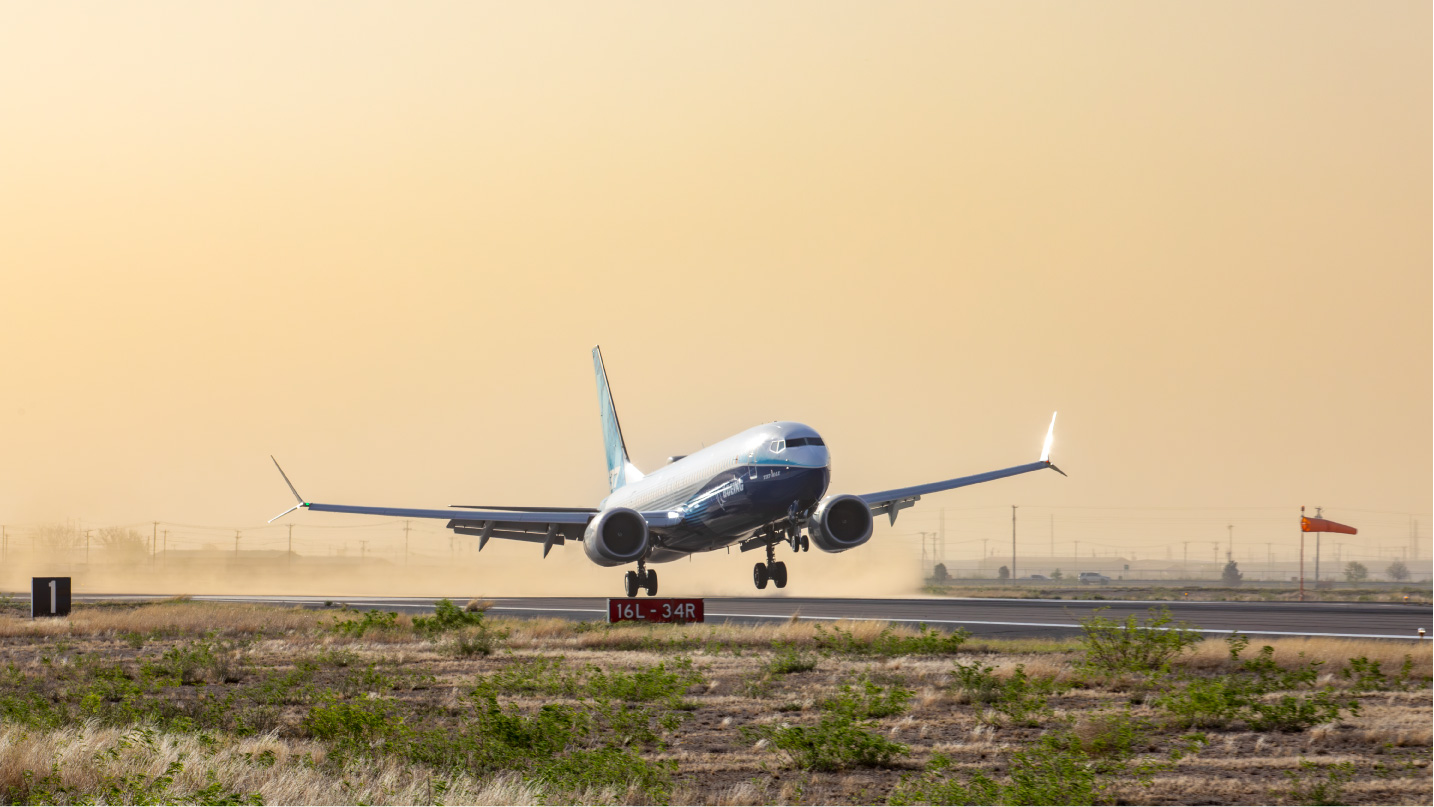 A 737-10 test airplane takes on crosswinds during certification testing. (Photo by Paul Weatherman)