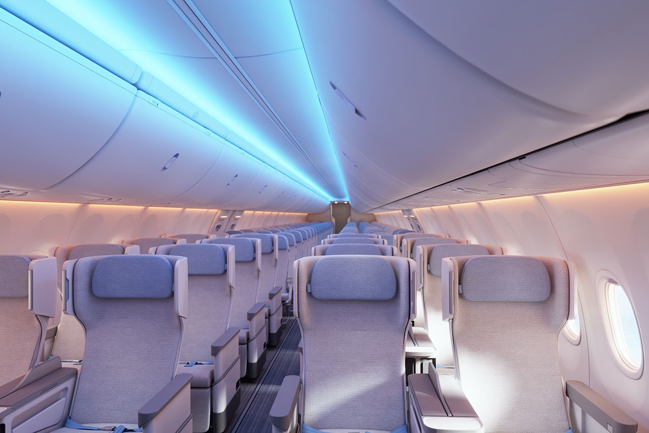 Interior view a 737 MAX cabin with the Sky Interior.