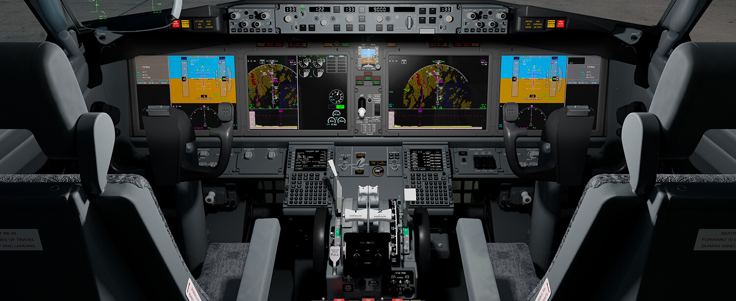 The flight deck of a Boeing 737 MAX aircraft featuring advanced displays, controls, and instruments for flight operations.