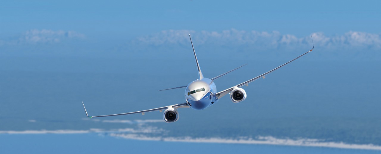 737-Next-Generation flying over land and ocean with mountains in the background