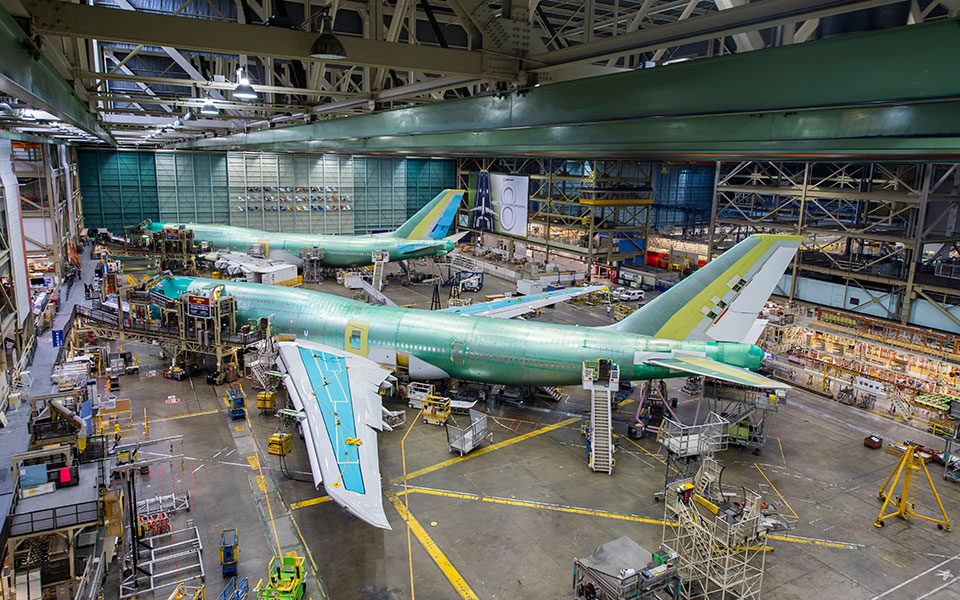 A 747 being built inside Boeing’s Everett factory