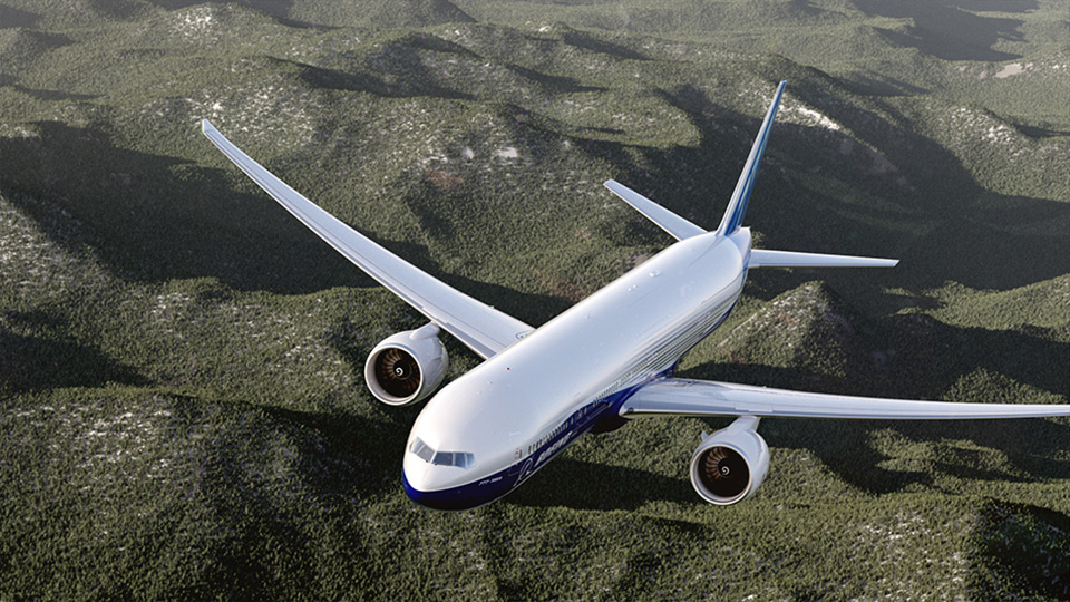 Picture of Boeing 7 7 7 in flight.