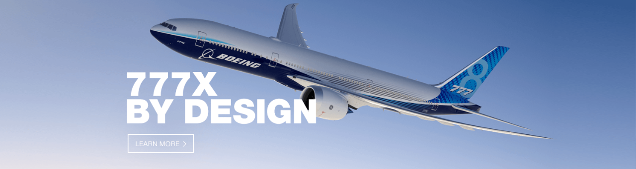 A 777X in flight in a clear blue sky with the title: 777X by design.