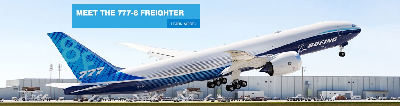 A 777-8 Freighter taking off from an airport, with the headline: Meet the 777-8 Freighter