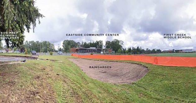 A mockup of proposed work for a rain garden and climbing boulders