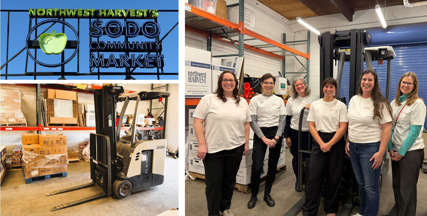 Employees Community Fund of Boeing (ECF) – Puget Sound Chapter representatives stand beside the new ECF-funded forklift at the SODO Community Market during the Feb. 10 celebration. 