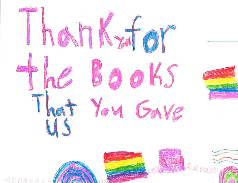 Thank you note from a student who received books from Page Ahead.