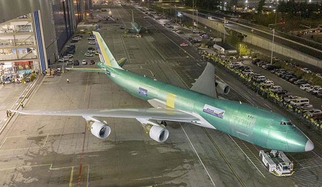 The three-photo sequence shows the final 747's progression out of the factory.