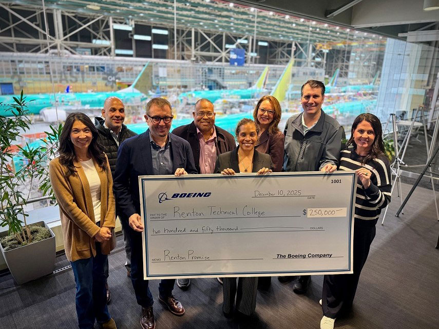 The Boeing Company awarded a $250,000 grant to the Renton Technical College Foundation to support Renton Promise; representatives pose with the grant check (the gift was announced in December 2025 and was not presented at the Student Success Celebration). The funding is the program’s largest private sector contribution and helps cover tuition and wraparound services for Renton School District graduates.