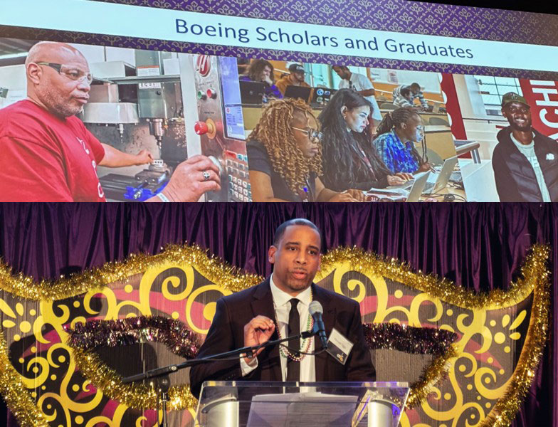  Mani Tiggs, vice president, Boeing Production System and Operational Excellence, accepts the 2026 Corporate Generosity Spotlight award on behalf of Boeing at the Renton Technical College Foundation Student Success Celebration, March 7, 2026, recognizing the company’s multi decade investments that expand student pathways into advanced manufacturing and transportation technology and connect graduates with regional employers.