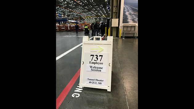 Signs in Everett direct loaned 737 employees to an on-boarding meeting.