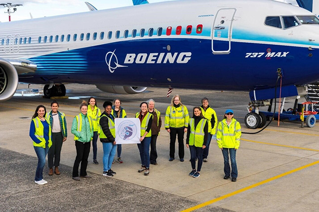 The all-female flight test crew in front of the 737-10 they tested.