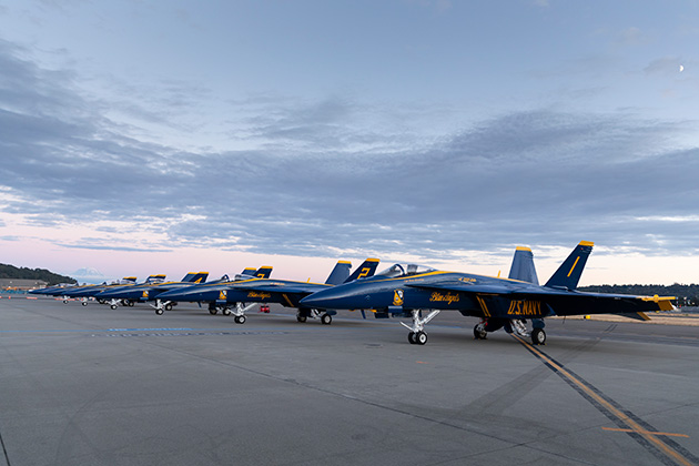 The U.S. Navy Blue Angels performed an array of acrobatics while maneuvering Boeing-built F/A -18 Super Hornet jets 