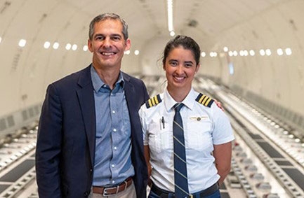 Eric and Sylvia in the fuselage of Atlas Air’s new 777 Freighter, just before Sylvia flew the airplane to Hong Kong.