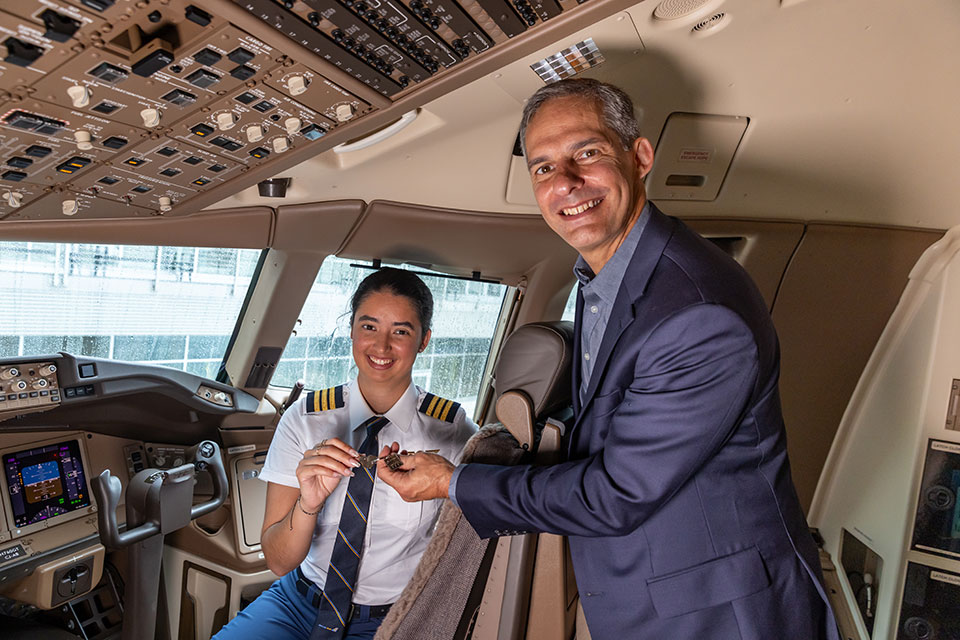 Sylvia Blanco gets the key to a new 777 Freighter from her Dad, a Boeing engineering manager.