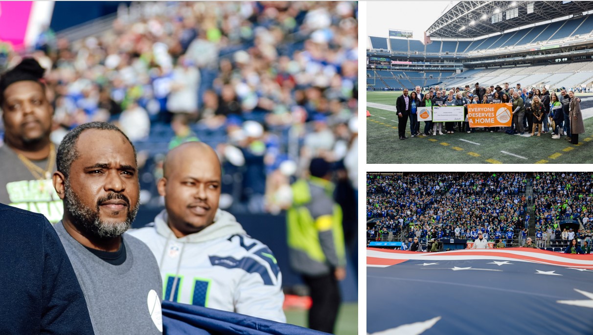 (Above left, center) Frank Lucas, a U.S. Air Force veteran, holds the U.S. flag during the national anthem at Lumen Field on Nov. 9. (Top right) Boeing and the Seattle Seahawks honored Compass Housing Alliance with the "Honoring Our Heroes" award, celebrating Lucas’s service and his work supporting fellow veterans. 