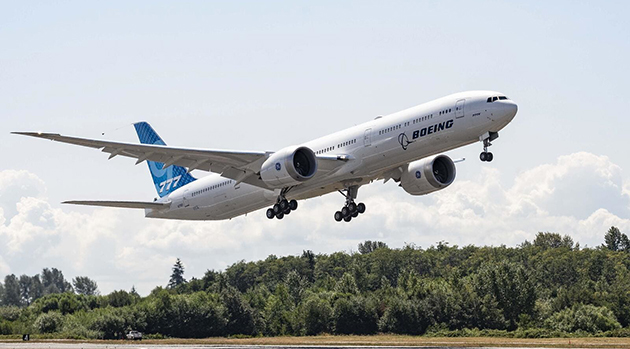 The third 777X flight test airplane takes off from Everett for its first flight test.