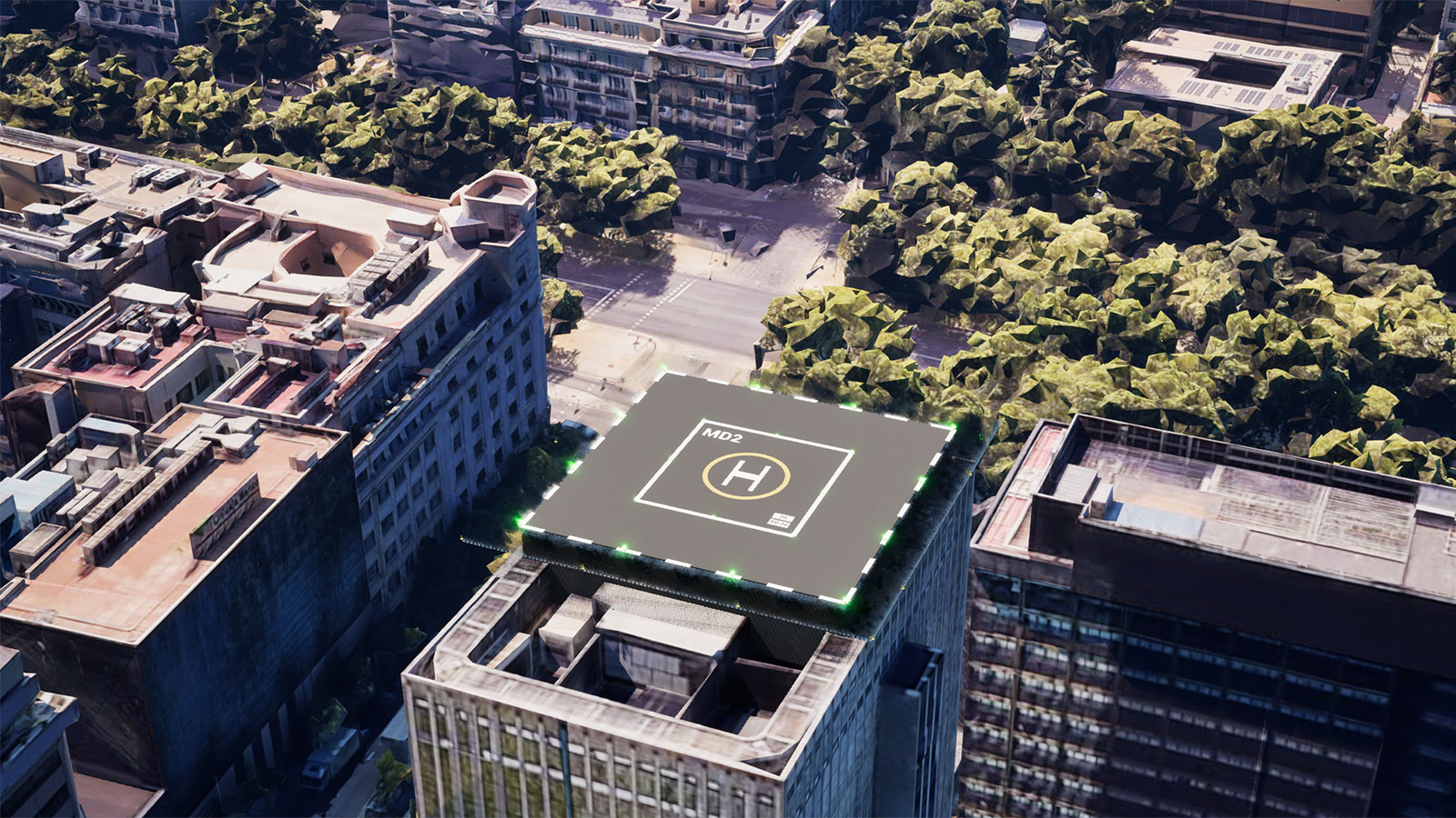 Virtual vertiport FATO rendering on rooftop in Madrid, Spain (Boeing/Almadesign Rendering)