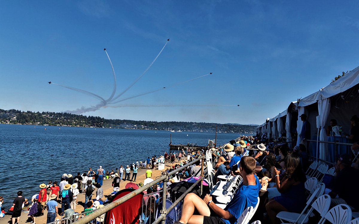 The U.S. Navy Blue Angels fly over Lake Washington at Seattle Seafair during the Boeing Seafair Airshow.