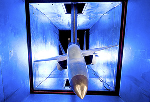 Fighter model in polysonic wind tunnel.