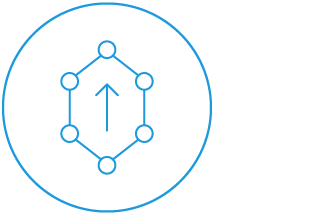 Icon of hexagon with nodes at each angle with an arrow pointing up