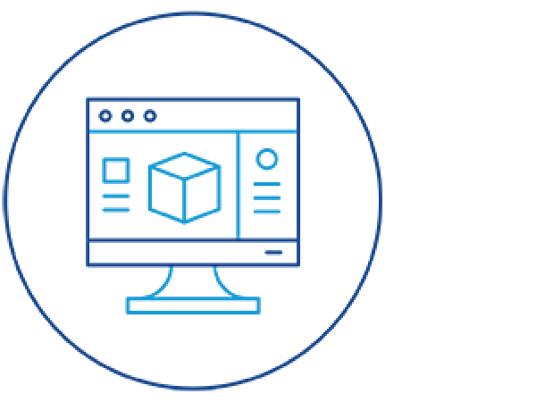 Icon of a computer screen showing factory components