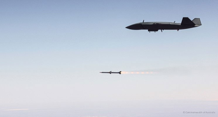 An MQ-28 Ghost Bat fires an AIM-120 missile to successfully demonstrate a force integrated air-to-air autonomous weapon engagement. 