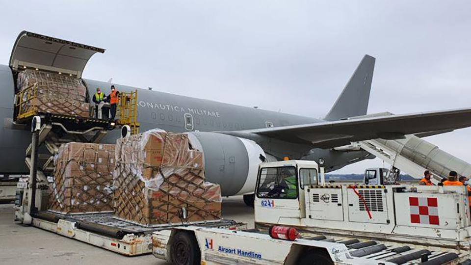 Medical equipment being loaded onto C-17
