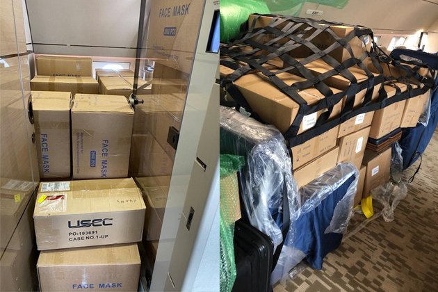 Boxes of masks secured inside the 737-700.