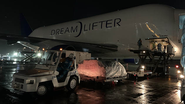 Airport ground crews unloading cargo from Boeing Dreamlifter as night