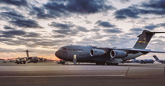 C-17 on ground at sunset