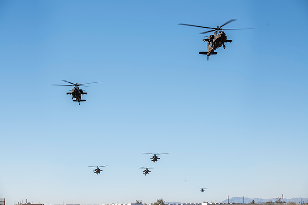   AH-64E Version 6 Apaches depart Boeing’s Mesa, Arizona, facility to join the 1-229th Attack Reconnaissance Battalion at Joint Base Lewis-McChord in Washington state.