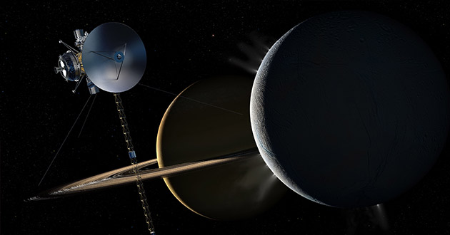 Spacecraft with Saturn's moon Enceladus 
