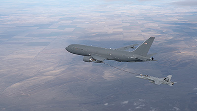 A KC-46A refuels an F/A-18 Super Hornet